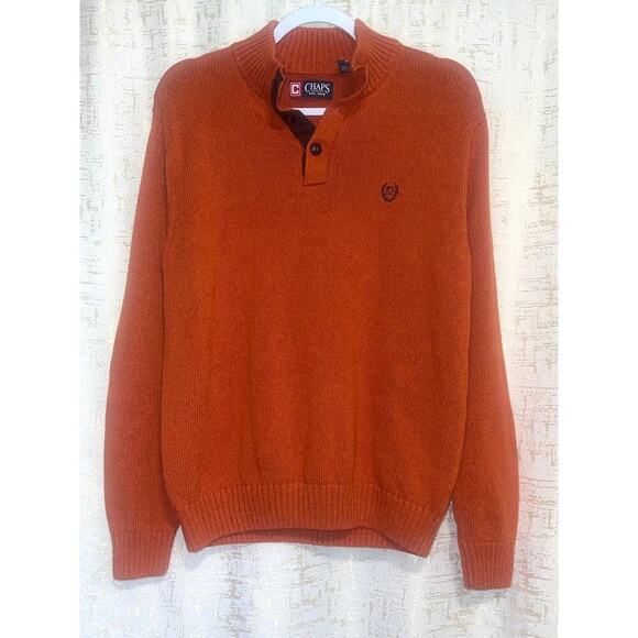 Chaps Orange Sweater Big Elbow Patch Button Casual Men's Size Medium 100% Cotton - Picture 1 of 8
